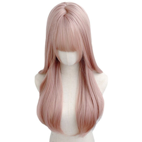 Perruque femme cheveux longs rose poudré, ondulations naturelles et volumineuses, style estival doux et romantique.