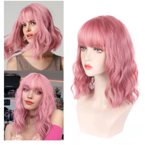 Perruque Synthétique Bouclée Respirante pour Femme, Couleur Rose Pâle avec Frange