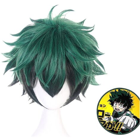 Perruque synthétique courte et bouclée verte et noire avec frange, inspirée du cosplay d'Izuku Midoriya de My Hero Academia. Accessoire idéal pour un déguisement d'Halloween.