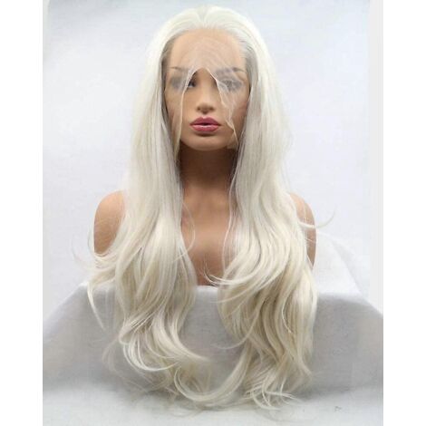Perruque synthétique ondulée naturelle blanc platine, longue vague, blonde platine, pré-épilée, en fibre résistante à la chaleur.