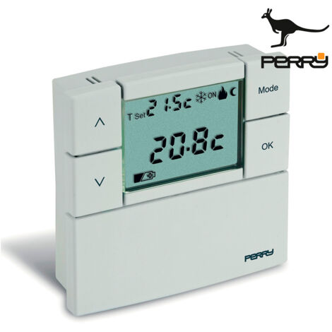 Thermostat numérique 3V – Alimentation 2 piles AAA – Dimensions 84x84mm – Sélecteur été/hiver – Affichage LCD – Perry