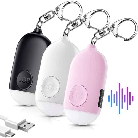 Personal Alarm for Women Self Defense Keychain Security Police Approved 130dB Rechargeable LED Flashlight Waterproof Alarm Elderly Kids 3 Pack White Black Pink