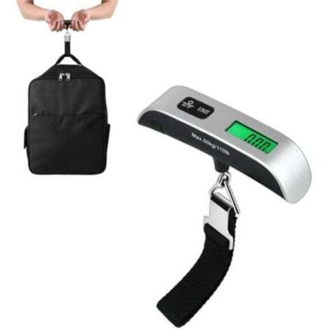 Pèse-bagages électronique portable avec mesure de température, capacité 50 kg/110 lbs, précision 0,1 lb, écran LCD, fonction tare et maintien.