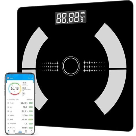 Pèse personne de salle de bain, Balance Pese Personne, Balance Connectée Bluetooth Pèse Personne Impédancemètre, Balance Impedancemetre avec 12 Données Corporelles la masse graisseuse, l’eau, la masse