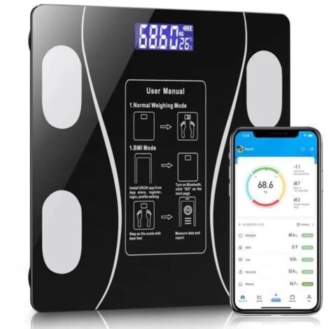 Pèse Personne - NOBRAND - Impédancemètre Bluetooth - Verre Trempé - Rechargeable USB - 180kg