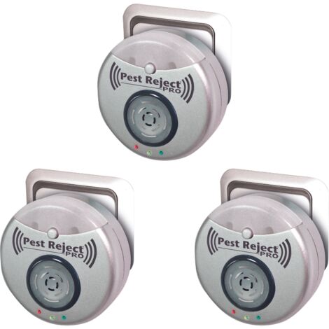 PEST REJECT PRO set de 3 - VENTEO - Repelente de insectos y plagas - Ultrasonidos y electromagnetismo - Color gris - Cobertura de su hogar de 200m² - Luz nocturna integrada