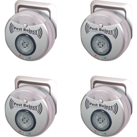 PEST REJECT PRO set de 4 - VENTEO - Repelente de insectos y plagas - Ultrasonidos y electromagnetismo - Color gris - Cobertura de su hogar de 200m² - Luz nocturna integrada