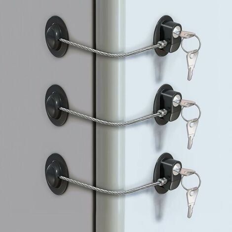 Pestillo y cerrojo, paquete de 3 cerraduras para puertas de refrigerador con cable adhesivo, lavadora y más, color negro.