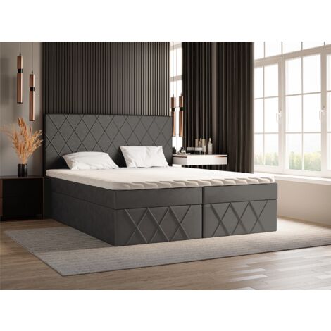 Pesto Lit boxspring 140x200 - Lit adulte, Lit avec rangement, matelas et surmatelas, tissu velours Gris foncé (Amor Velvet 4321)