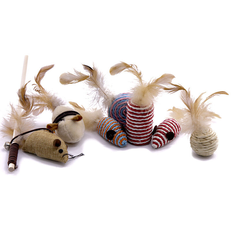 Asupermall - Pet drole chat baton 7 pieces chat jouet drole chat combo ensemble poisson tige en bois souris drole chat baton chat jouet, Multicolore