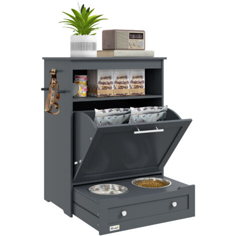 Pet Feeder Station, Dog, Cat Storage Container, with Raised Bowls, Hanger, Cabinet - Grey