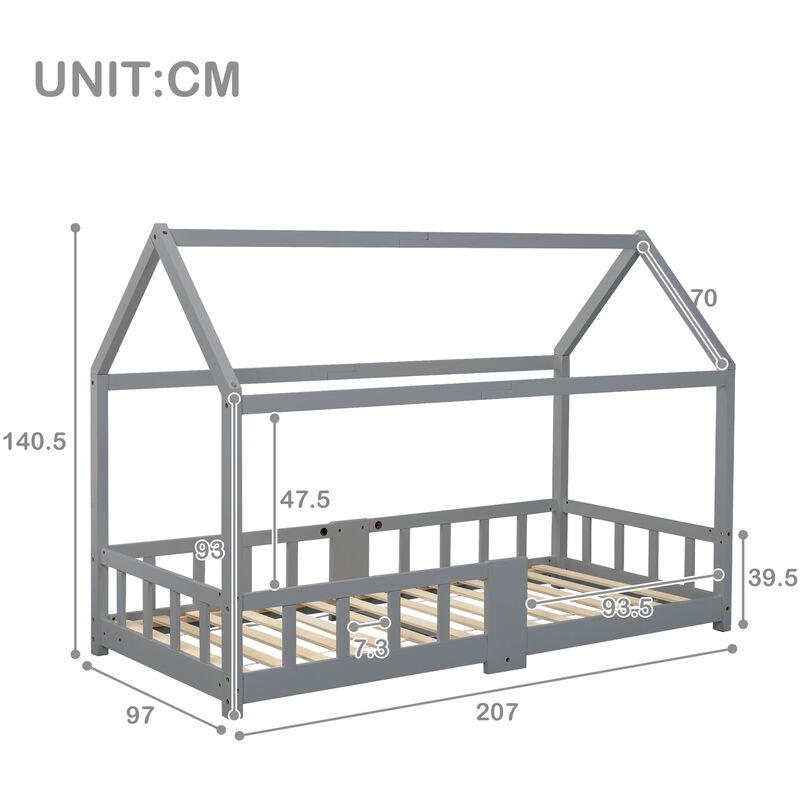 Lit d'enfant lit de maison 90 x 200 cmLit en bois pour chambre d'enfant incl.tableau sommier à lattes antichute, en pin gris (sans matelas) l&h