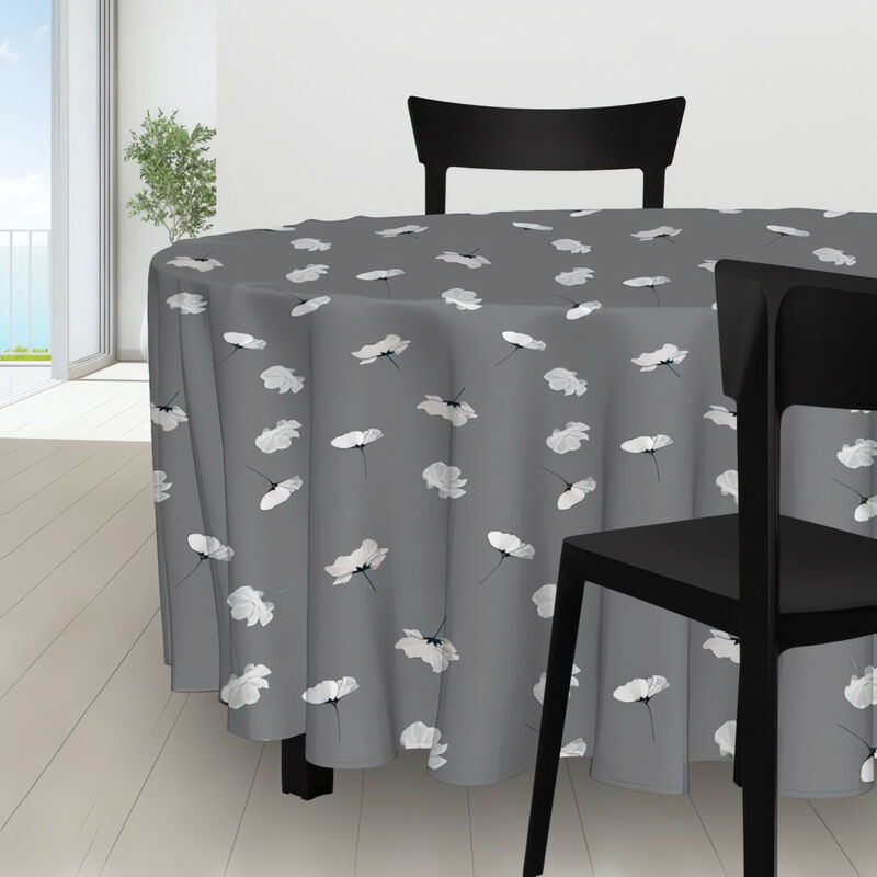 Soleil D Ocre - Nappe anti-tâches ronde petale gris par Soleil d'ocre