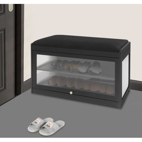 Petit banc à chaussures avec coussin et porte en acrylique - Banc à chaussures noir avec rangement 50 x 32 x 42 cm Banc d'entrée Conception anti-poussière