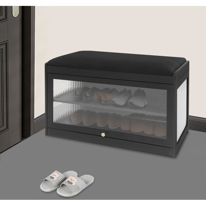 Petit banc à chaussures avec coussin et portes en acrylique - Banc à chaussures avec espace de rangement Noir 50 x 32 x 42 cm Meuble à chaussures