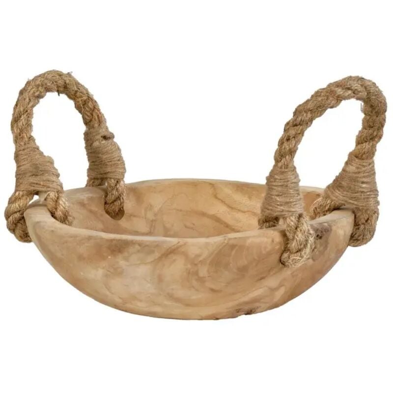 Petit bol 27 cm en bois de teck avec anses en corde de jute - alamo 01