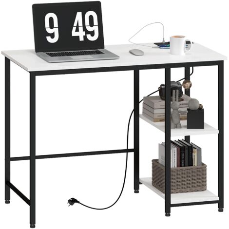 Petit bureau informatique 100x50 cm avec 2 étagères réversibles et ports USB, table PC gaming blanc et noir