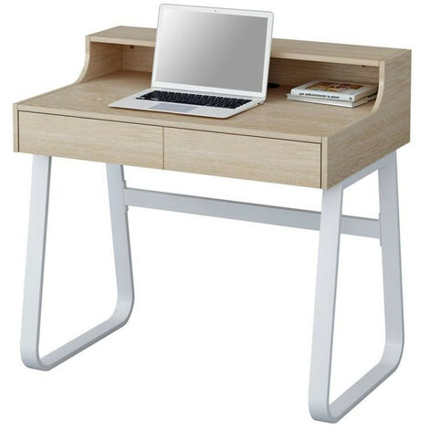 Petit bureau informatique en bois coloris hêtre et métal blanc avec tiroirs