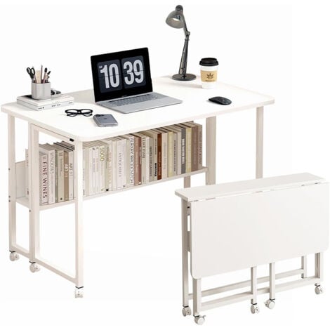 SINBINTA Petit Bureau Pliant avec roulettes, Table de Bureau Pliante Bureau d’étude pour Ordinateur, Petit Bureau à Domicile et Poste de Travail Peu Encombrants Blanc - 80 x 58 x 75 cm