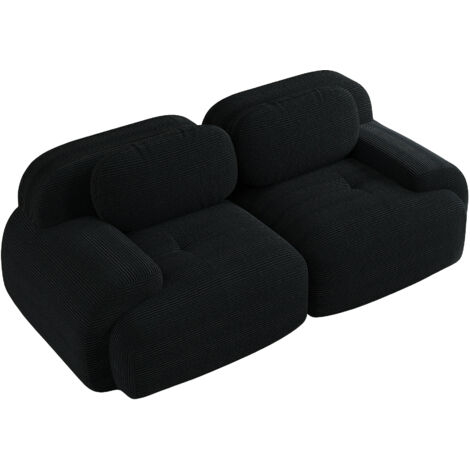 Petit Canapé 2 Places en Velours Côtelé, Modèle Sans Structure Rigide, Design Modulable avec Accoudoirs Courbes, Base Antidérapante, Rembourrage Haute Élasticité, Couleur Noire