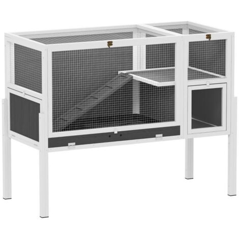 Petit clapier pour hamsters nains, lapins, cochons d'Inde, avec accessoires, surélevé, en bois et métal, gris.