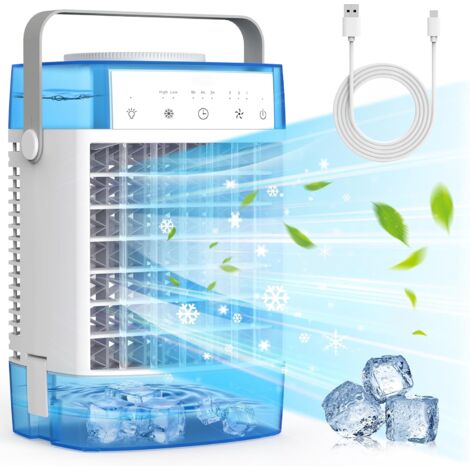 Petit climatiseur 4 en 1, Ventilateur de refroidissement rechargeable, Ventilateur brumisateur avec réservoir d'eau, minuterie, 7 couleurs d'éclairage