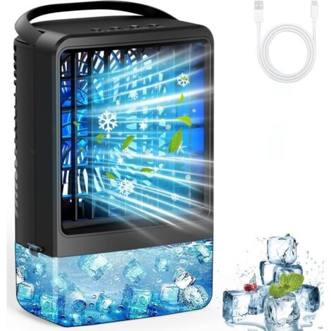 Petit climatiseur portable USB, ventilateur à glace, souffleur d'air froid, 2 ports de brumisation, 3 vitesses de vent et 7 lumières LED colorées, brume fraîche et minuterie, refroidisseur d'air par é