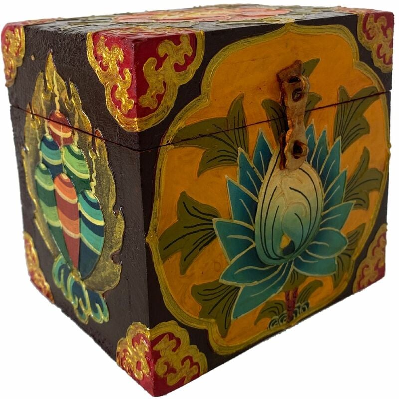 Petit coffret tibétain fleuri peint à la main