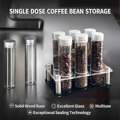 Petit format (comprend 1 entonnoir en silicone)Support de rangement pour tubes à café en grains avec base en acrylique, distributeur de grains de café, présentoir pour tubes à essai en verre scellés
