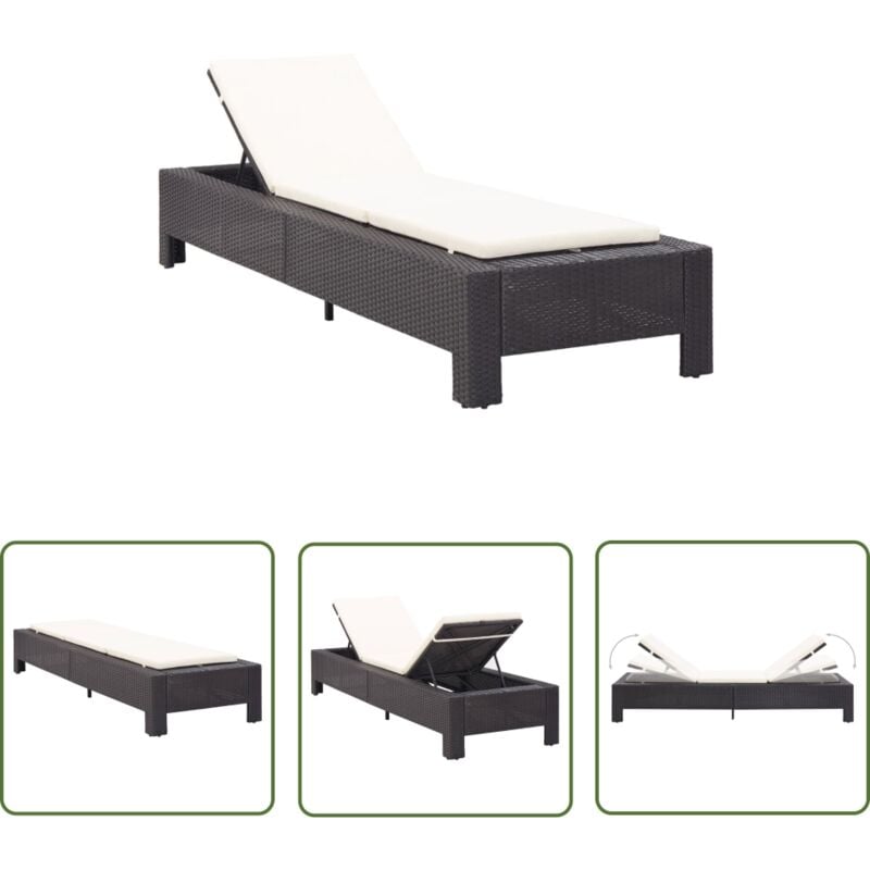 The Living Store Transat avec coussin Noir Résine tressée - Chaise Longue - Transat - Mobilier De Jardin - Salon De Jardin - Relax