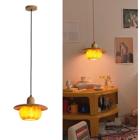 Petit lustre de 18 cm, Suspension, Plafonnier suspendu, Suspension avec abat-jour citrouille en résine, lumière chaude 3000 K