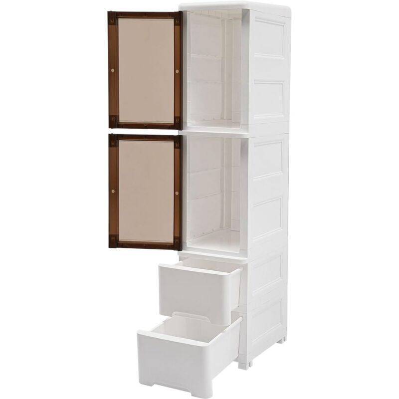 Petit Meuble de Rangement à 4 Niveaux avec 2 Tiroirs et 2 Compartiments, Armoire de salle de bain, Étagère Étroite en Plastique Polypropylène,