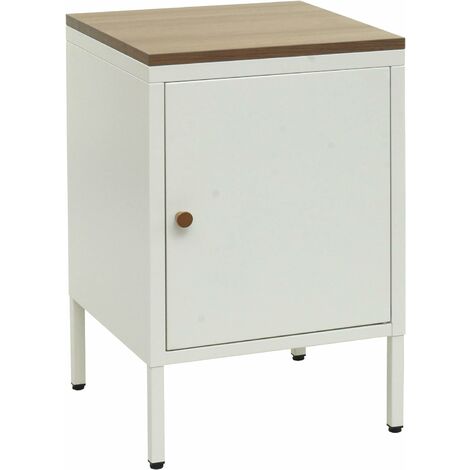 Petit meuble de rangement table de chevet 2 niveaux tôle d'acier laminée blanc plateau MDF 63x40x40 cm MED04081