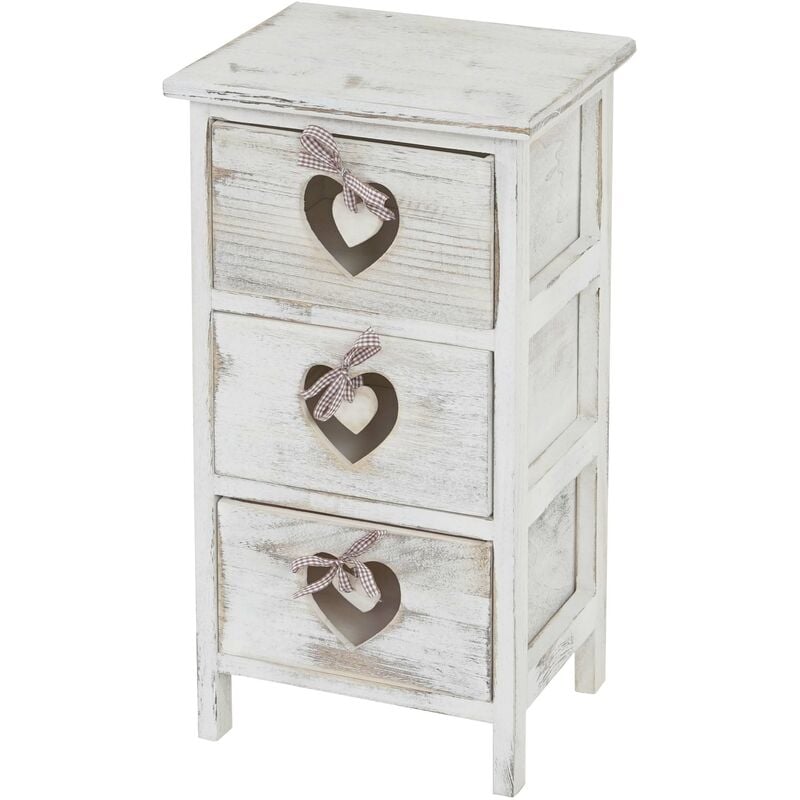 Petit meuble de rangement table de chevet 3 tiroirs avec motif coeurs 55x29x25cm style vintage blanc 040002479