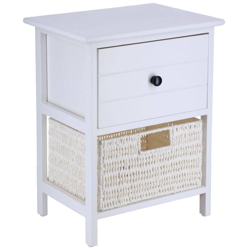 Tendance - Petit meuble paulownia mdf 1 tiroir bouton noir et 1 panier papier - blanc