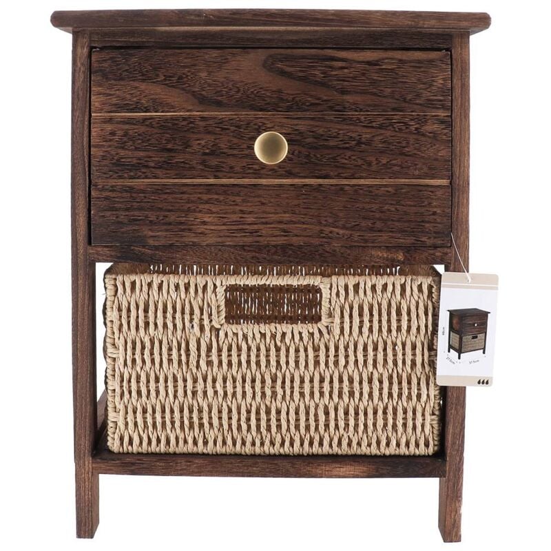 Petit meuble paulownia mdf 1 tiroir bouton or et 1 panier papier - marron naturel Tendance