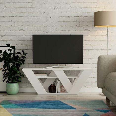 Petit meuble TV blanc avec rangement - pied en W MARFA
