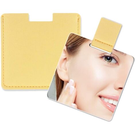 Petit miroir ultra-fin en acier inoxydable incassable avec étui en cuir PU, peut être utilisé comme miroir de maquillage, de poche, portable (jaune)