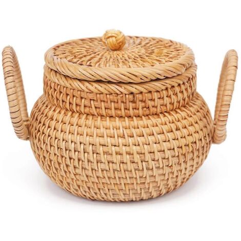 Petit panier en rotin avec couvercle, panier de rangement en rotin avec poignée--