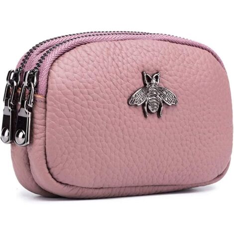 Petit porte-monnaie abeille en cuir véritable à double fermeture éclair pour femme (rose)