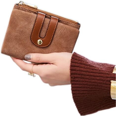 Petit porte-monnaie mini zippé en cuir à deux volets pour femme (marron),