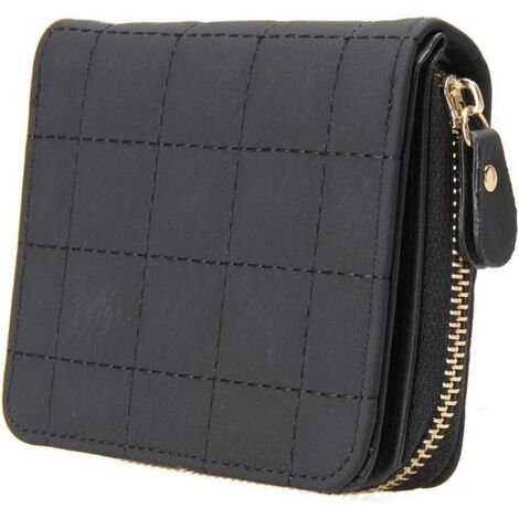 Petit portefeuille zippé en cuir PU de haute qualité à carreaux courts pour femmes (noir),