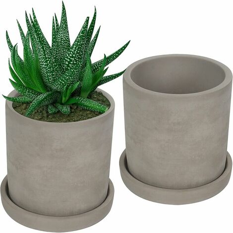 Petit Pot de Fleur Gris en Ciment (Lot de 2) - Pot pour Bonsai avec Soucoupe et Trous de Drainage - Pot Succulentes, Pot Cactus et Autre Petites Plantes, Fleurs et Herbes - Maison et Bureau
