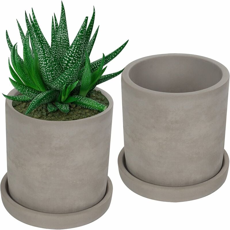 Petit Pot de Fleur Gris en Ciment (Lot de 2) - Pot pour Bonsaï avec Soucoupe et Trous de Drainage - Pot Succulentes, Pot Cactus et Autre Petites