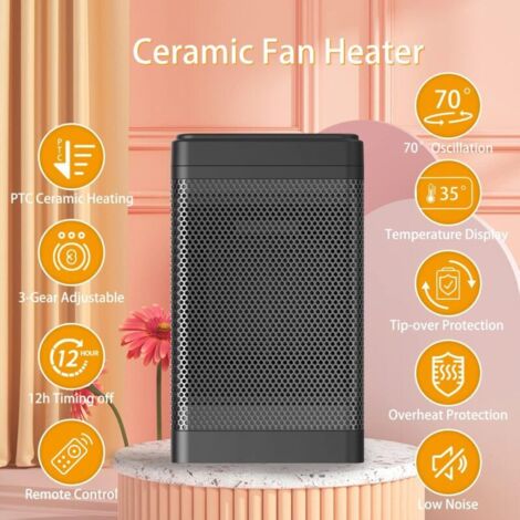 Petit radiateur soufflant céramique, 1500W Chauffage électrique Economie d'énergie avec télécommande, thermostat, protection contre la surchauffe et le basculement, minuterie 12h
