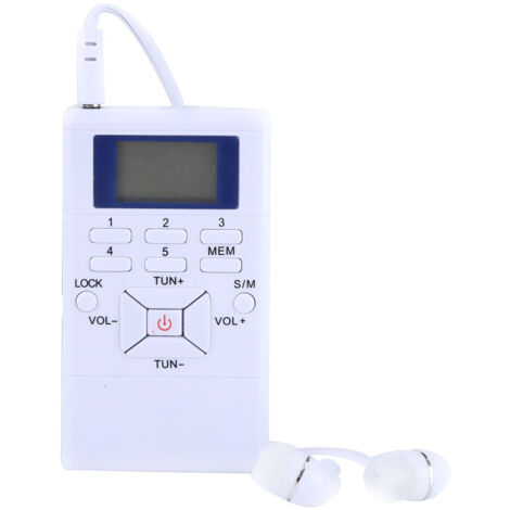 Petit récepteur FM LCD portable avec traitement numérique du signal et écouteurs intégrés - Blanc