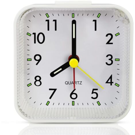 Petit réveil de bureau blanc pour enfants (à piles), horloge de voyage analogique, horloge de chevet silencieuse