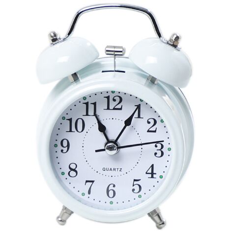 Petit réveil silencieux, horloge de chevet, décoration rétro, cloche en métal de 7,6 cm - blanc