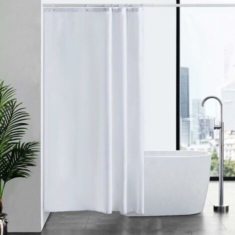 Petit Rideau de Douche Blanc Anti Moisissure Tissu en Polyester Imperméable Rideaux de Douche Textile Lavable pour Baignoire ou la Salle de Bain 10 Crochets de Rideau Douche-150x180cm.