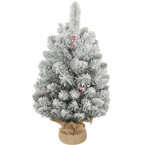 Petit sapin de Noël enneigé de 60 cm avec 72 branches, pommes de pin et baies rouges